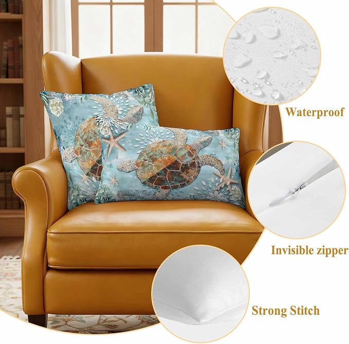Ocean Turtle Outdoor Waterproof Throw Pillow Covers Set of 2, 20"x12", Retro Blue Nautical Starfish Sealife Decorative Pillow Covers Outside Cushion Case for Patio Porch Garden