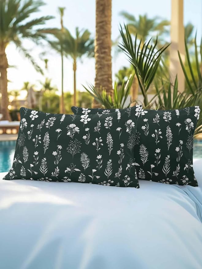 Outdoor Pillows with Inserts Set of 2 12x20, Dark Green Wildflowers Waterproof Outdoor/Indoor Throw Pillows, Farmhouse Botanical Garden Floral Decorative Pillow for Bed Couch Sofa Patio Furniture