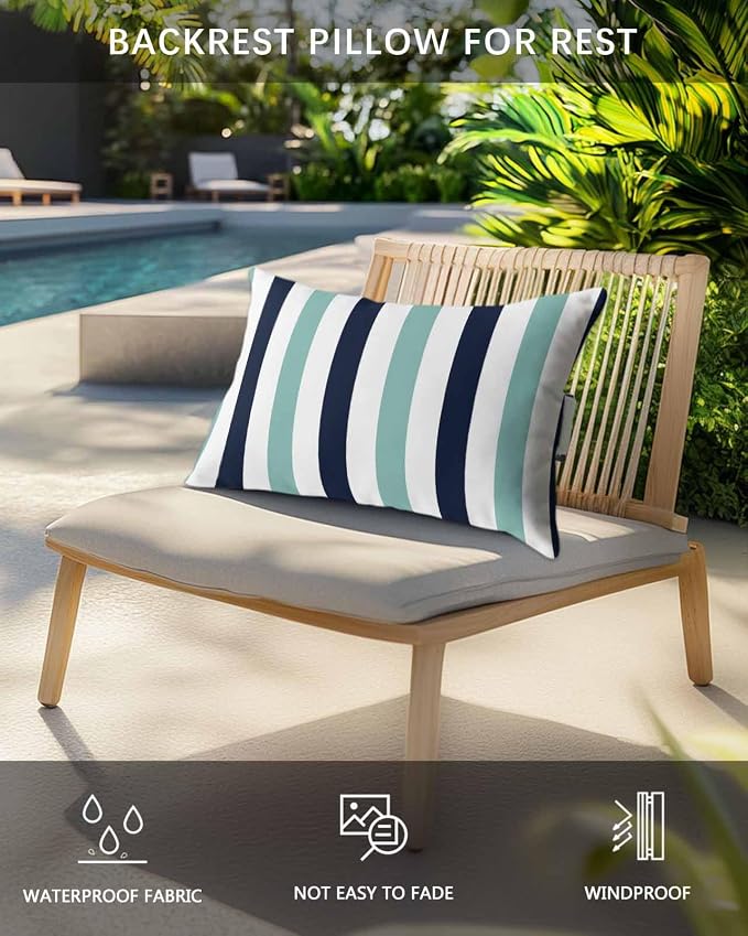 Pack of 2 Outdoor Lumbar Pillow Covers 12x20 Inch, Turquoise Navy Blue Striped Waterproof Throw Pillow Covers Set, Farmhouse Stripe Art Indoor&Outdoor Decorative Cushion Cases for Patio Porch Beach