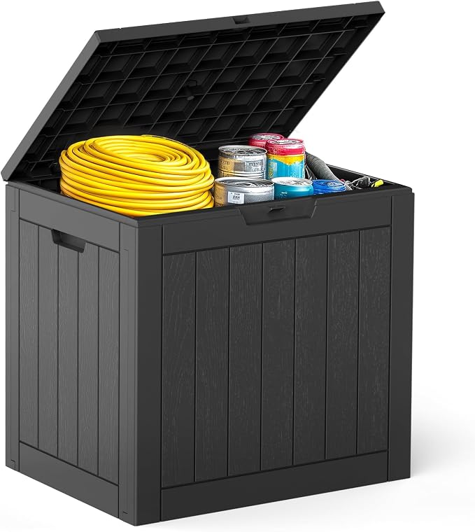 DUMOS 31 Gallon Deck Box, Lockable Outside Storage Box for Outdoor Use, Outside Waterproof Resin Package Delivery Box for Backyard Patio Garden, Striped Black