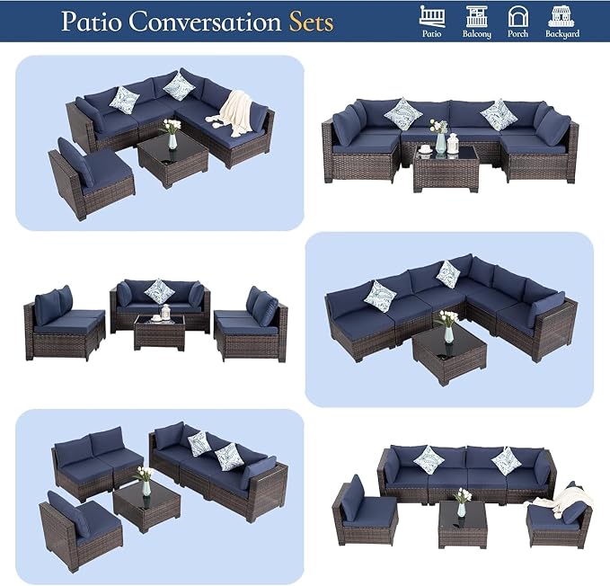 7 Piece Outdoor Patio Furniture Set with Wicker Sectional Couch, Rattan Sofa and Thick Cushions, Patio Conversation Sets with Coffee Table for Garden, Balcony, Backyard Lounge Seating(Blue)