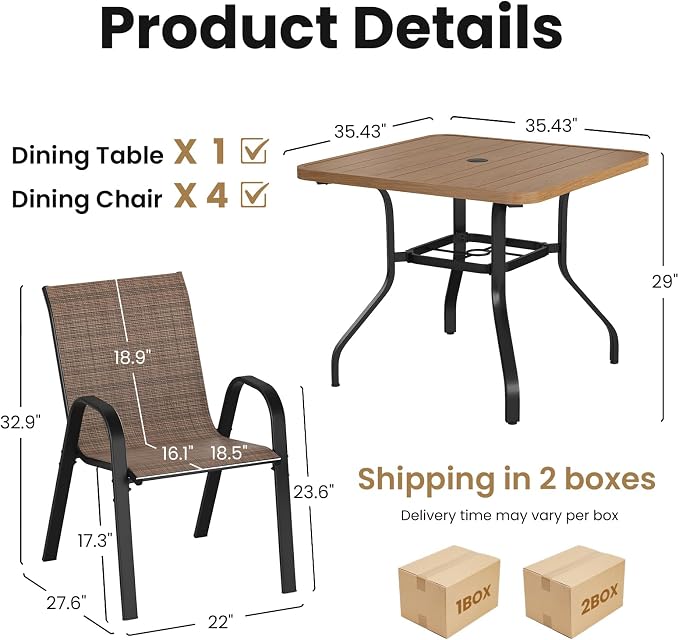 Soohow Outdoor Dining Set for 4, Outdoor Patio Dining Set 4 x Stackable Chairs & 1 x Wood-Like Outdoor Table with Umbrella Hole, All-Weather Patio Table and Chairs for Poolside, Backyard and Porch