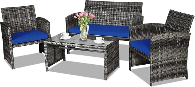 Goplus 4-Piece Rattan Patio Furniture Set, Outdoor Wicker Conversation Sofa with Weather Resistant Cushions and Tempered Glass Tabletop for Lawn Backyard Pool Garden (Blue)
