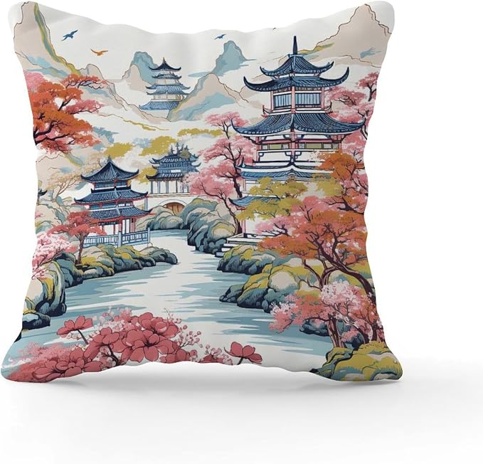 Chinoiserie Pagoda White Coral Blue Throw Pillow Covers Chinoiserie Chic Asian Throw Pillow Cover Retro Throw Pillow Covers Farmhouse Decorative for Patio Furniture Porch 26x26 in