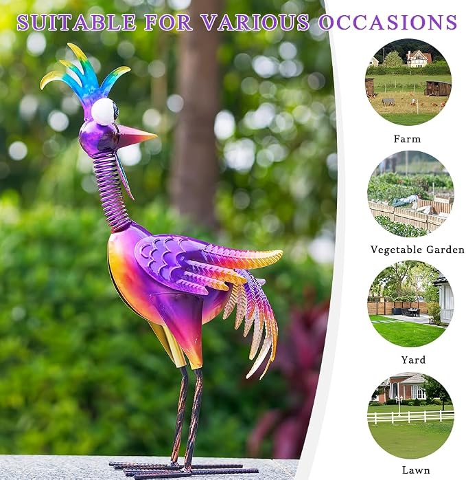 Metal Wacky Rooster Garden Statue for, Patio, Backyard, Lawn | 19'' Rooster Decor, Yard Statue Decorations Outdoor, Chicken Yard Art, Purple