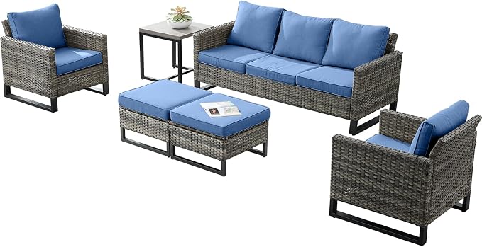 Luxury Wicker Outdoor Patio Furniture Set - 6 Piece Patio Conversation Set with 2 Armrest Chairs,2 Rattan Ottoman,1 Couch and 1 Metal Side Table for Outside Porch Deck Backyard(Mixed Grey/Blue)