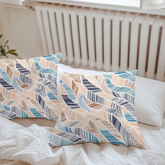 Vandarllin Outdoor Throw Pillows Covers 26x26 inch Set of 2 Waterproof Summer Beach Decorative Zippered Cushion Covers for Patio Furniture, Yellow Blue Ombre Abstract Leaf Lines Lumbar Pillowcases