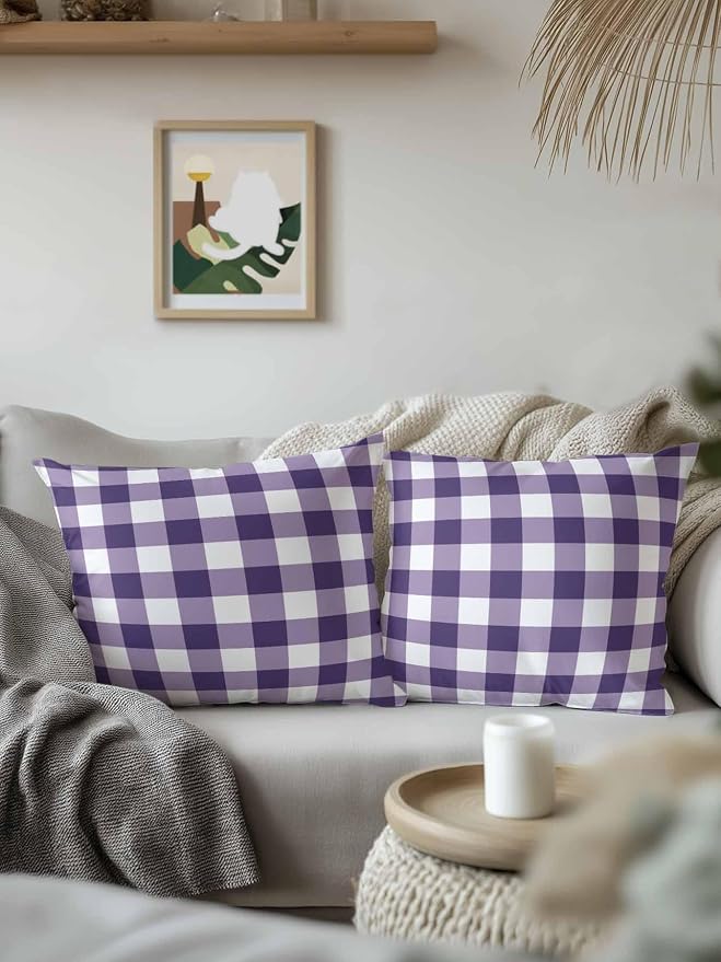 Waterproof Outdoor Pillow 1 Pack Purple Buffalo Plaid Decorative Throw Pillows Cover & Insert 18x18 Inch Pillowcase Check Lines Square Pillows for Couch Sofa Bed Patio Furniture Indoor Outdoor