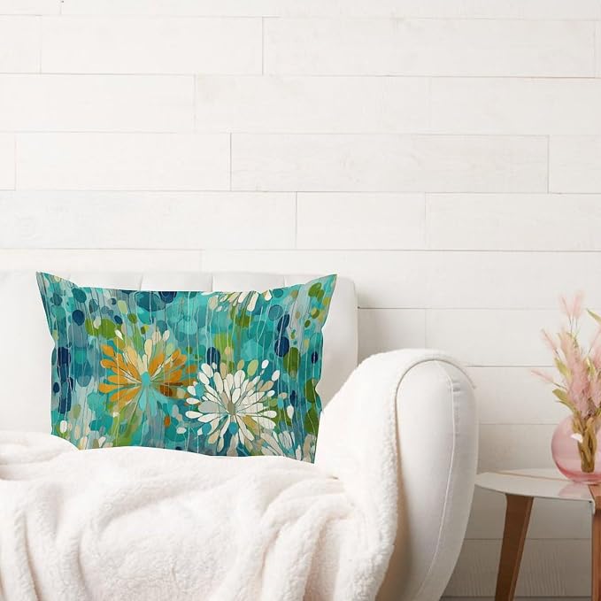 Make It Rain Fiesta Rectangular Cushion Cover Rainbow Teal Flower Throw Pillow Cover Modern Decorative Cushion Covers Home Decor for for Sofa Bed Office Couch Chair 16x24in