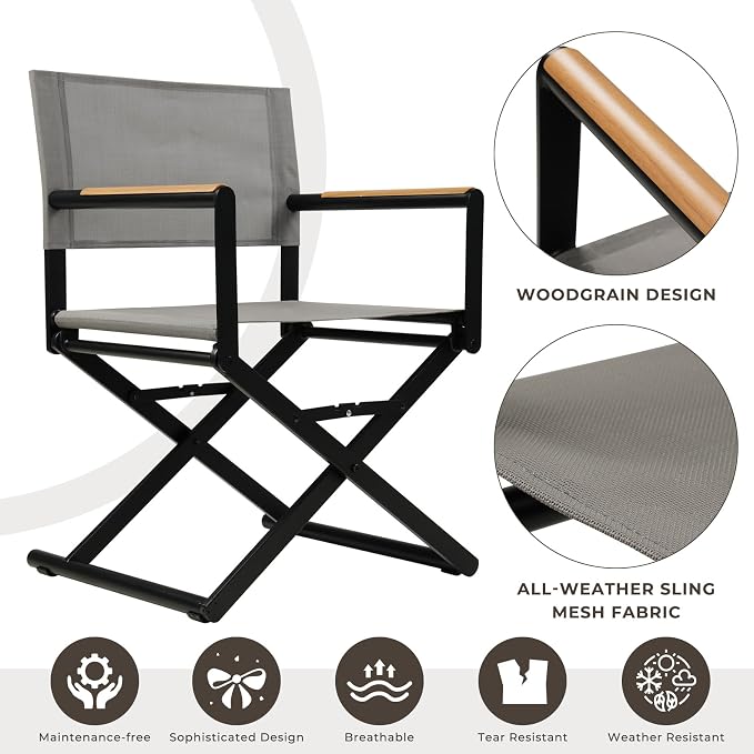 Grand patio 7-Piece Outdoor Dining Set, 6 Extra-Wide Folding Chairs & 1 Rectangle Expandable Table for 6-8 Person, Sling Mesh Patio Chairs with Wood Grain Table for Yard, Poolside, Deck, Gray