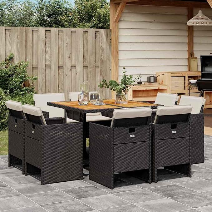 9-Piece Outdoor Dining Set, Poly Rattan Garden Table and 8 High-Back Chairs with Washable Cushions, Patio Furniture for Backyard Entertaining, Black