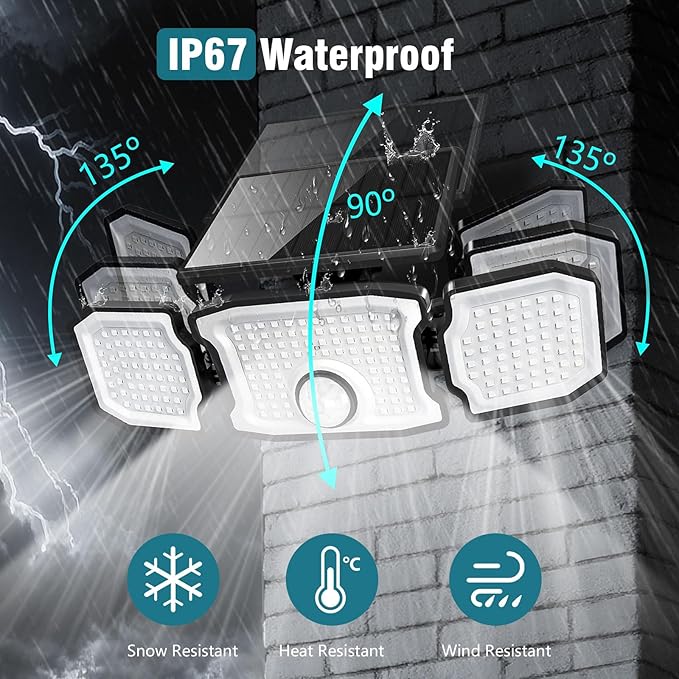 Solar Flood Lights Outdoor- 2800LM 200LED Solar Motion Sensor Lights, 3 Heads & 3 Modes Flood Lights, 270° Wide Angle Solar Powered Security Lights for Yard, Garage(2 Pack)