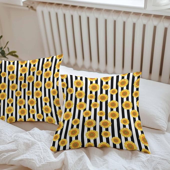 Vandarllin Outdoor Throw Pillows Covers 16x16 inch Set of 2 Waterproof Sunflower Decorative Zippered Cushion Covers for Patio Furniture, Summer Floral Black Stripes Lumbar Pillowcases