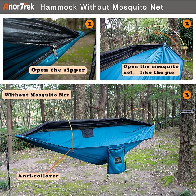 AnorTrek Professional Camping Hammocks with Mosquito Net, Lightweight Double for Camping, Hiking & Backpacking | Includes Two 10 FT Tree Straps, 230T Nylon Design