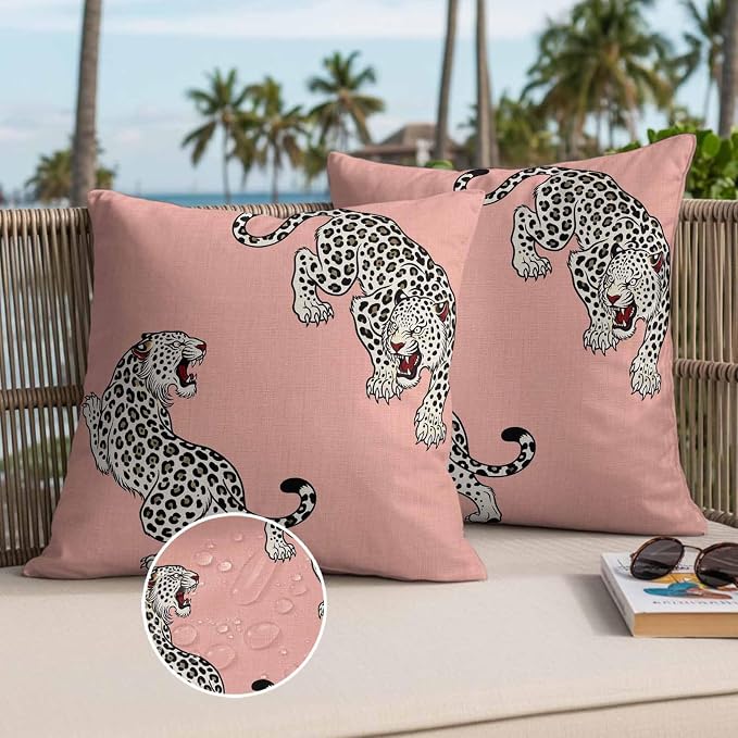 Yukro Pink Leopard Outdoor Waterproof Pillow Covers Pack of 2, Modern Style Wild Animal Rustic Linen Texture Throw Pillowcases Decorative Cushion Covers for Garden Patio Tent Sofa Couch, 18x18 inch