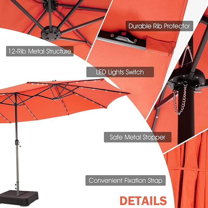 Giantex 15 FT Double Patio Umbrellas with 48 Solar LED Lights, Auto-Charging Panel, Crank System, Outdoor Extra-Large Rectangle Market Table Umbrella for Garden Deck Backyard Beach Pool