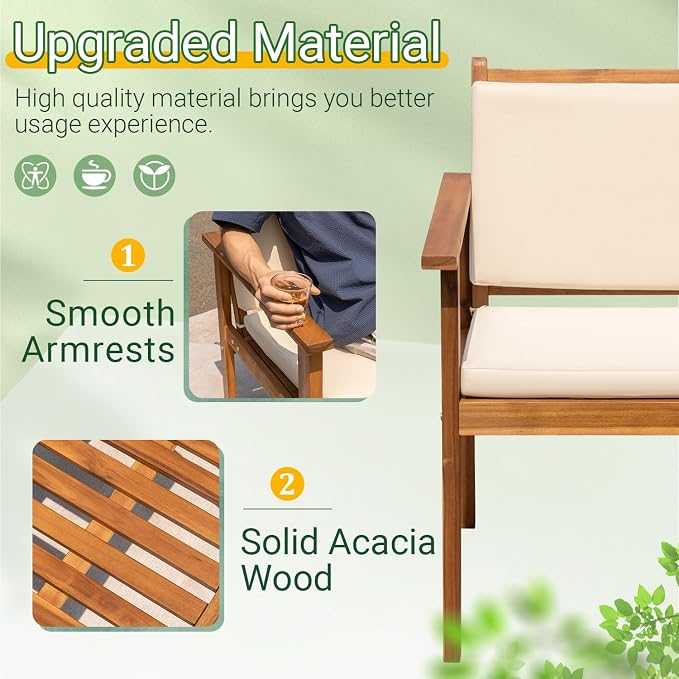 Greesum Outdoor Patio Furniture, 3 Piece Bistro Sofa Set with 1 Coffee Table and 2 Chairs, Acacia Wood Conversation Sets with Cushions, for Garden, Backyard, Poolside, White
