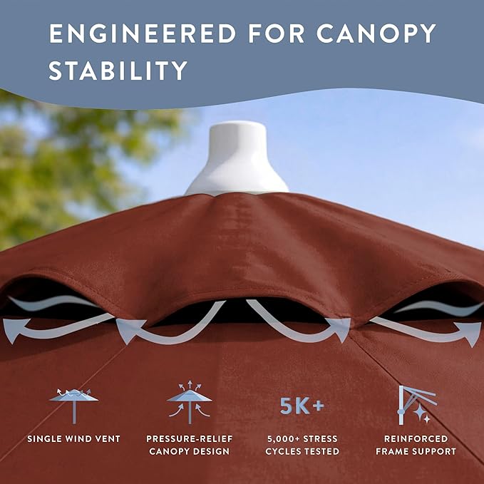 California Umbrella 10-Year Protection 9 Ft Outdoor Patio Umbrella, Pacifica Fade-Resistant Fabric, Auto-Tilt, Heavy Duty Aluminum Frame, 8 Reinforced Ribs for Pool or Deck, White Pole, Brick