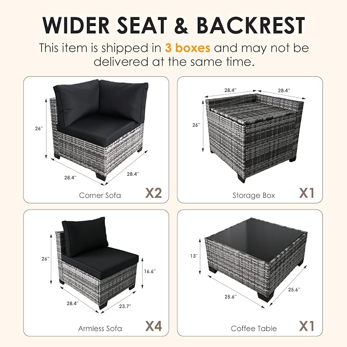 8 Pieces Patio Furniture Set with Storage, Outdoor Sectional Sofas | Storage Box with a Waterproof Bag, Wicker Modular Outdoor Sectional Furniture with Thick Cushions for Deck, Porch, Black