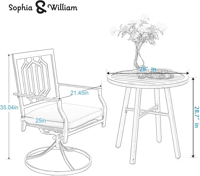 Sophia & William Metal Outdoor Swivel Dining Set Bistro Furniture Set 3 Pieces with 2 x Patio Dining Chairs with Cushion and 1 x Small Round Side Coffee Table for Garden Yard, Black