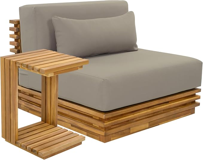Christopher Knight Home Oversized Outdoor 2 Piece Chat Set Acacia Wood Patio Club Chair and Side Table Natural Finish Water Repellent Cushions Deep Seat Patio Furniture Set Beige