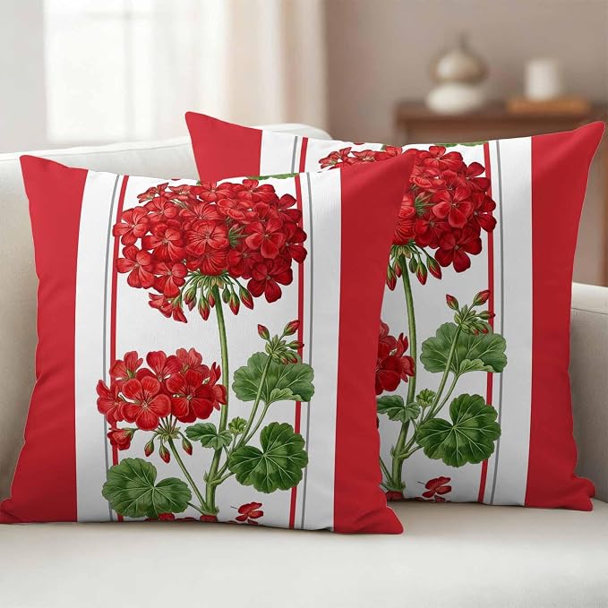 Flower Outdoor Waterproof Throw Pillow Covers 26"x26" Set of 2, Geranium Red Floral Summer Plant Spring Decorative Garden Pillowcase with Zipper Cushion Case for Patio Couch Tent