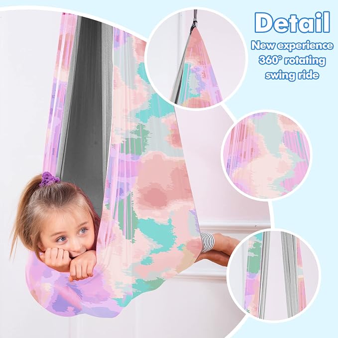 Therapy Swing Hammock Kids Cuddle Sensory Swing Indoor Therapeutic Hammock 360° Rotating Double Layer Elastic Rocking Cloth Swing Gifts for Children with ADHD SPD Asperger Autism (Rainbow+Grey)