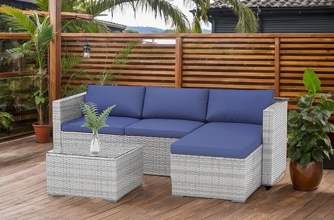 GarveeLife 5-Piece Outdoor Patio Rattan Wicker Sofa Set, PE Rattan Conversation Sectional with Thickened Back Cushion, Glass Tabletop, Ottoman - Ideal for Courtyard Space, Blue