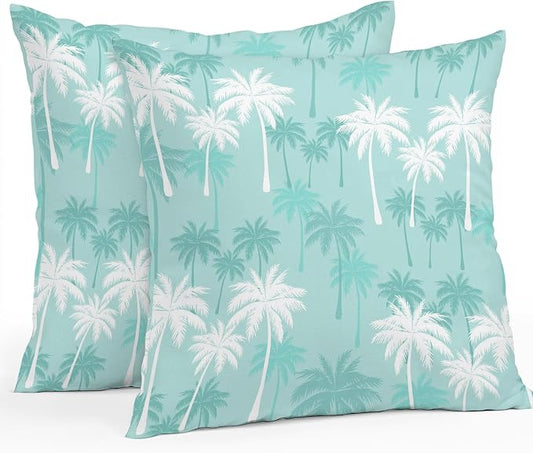 Throw Pillow Covers 16x16 Inch Set of 2, Tropical Palm Tree Waterproof Outdoor Pillow Covers, Turquoise White Plants Coastal Leaf Beach Decorative Cushion Pillowcases for Patio, Garden, Couch, Sofa