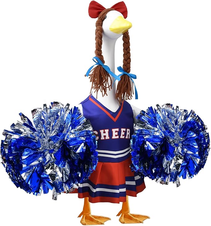 Cheerleader Porch Goose Outfits, Red Blue Goose Outfits for 23 Inch Porch Goose, Funny Goose Clothes with Pom Poms, Festive Porch Goose Decor for Sports Season and Game Day