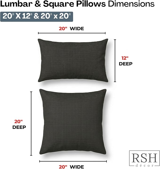 RSH DECOR: Sunbrella Lumbar & Square Pillows Set of 4 | 20" x 12" & 20" x 20" | Water and Fade-Resistant Fabric | Outdoor Throw Pillows for Patio Furniture | Made in USA (Fife Slate)