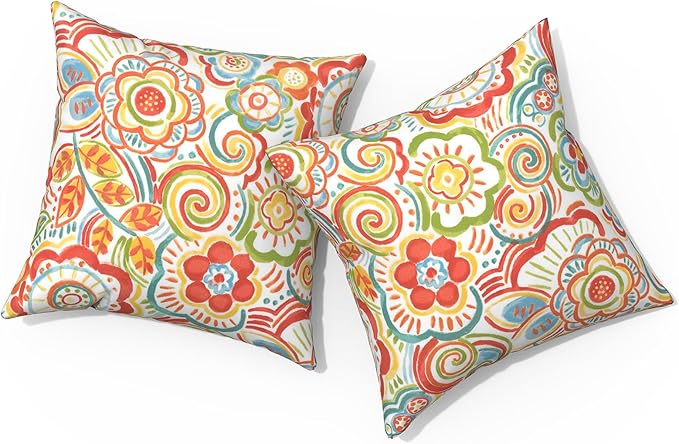 Outdoor Pillows for Patio Furniture 18x18 inch, Square Outdoor Throw Pillows with Inserts, Decorative Toss Pillows for Garden Couch Home Sofa Office Chair, Pack of 2, Flower Multi