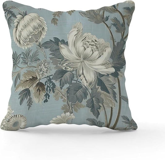 Spa On Flax Blue Chinoiserie Pillow Cover Grey Peony Asian Throw Pillow Cover Rustic Throw Pillow Covers Farmhouse Decorative for Sofa Bed Chair Car 22x22 in