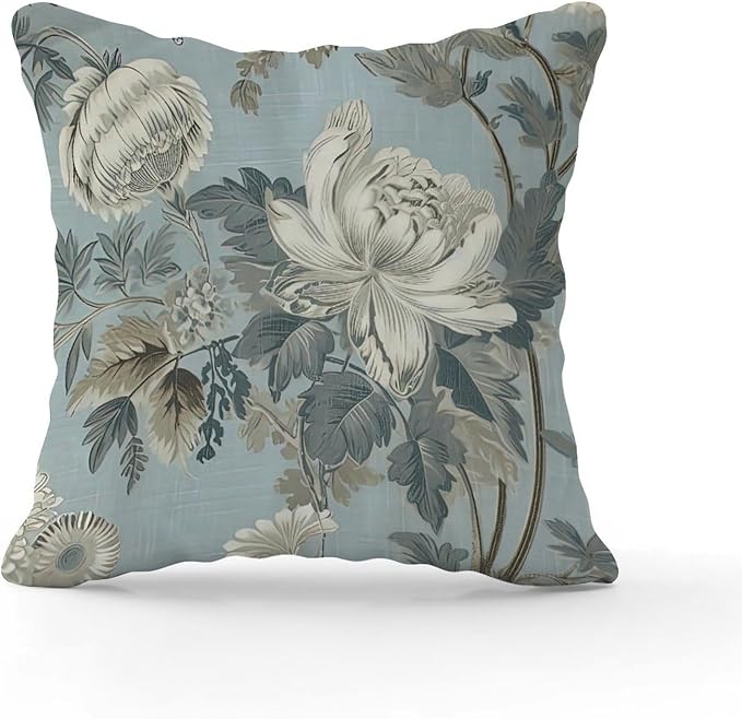 Spa On Flax Blue Chinoiserie Throw Pillow Covers Grey Peony Asian Cushion Cases 24x24 INRetro Accent Farmhouse Decor Pillow for Couch Sofa Patio