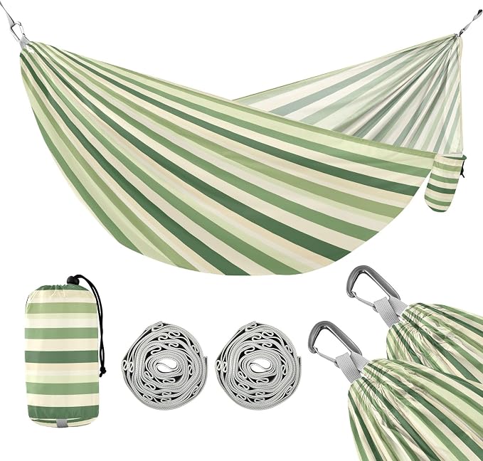 Camping Hammock Outdoor Hammocks for Outside Green Cream Stripe Beach Trees Portable Lightweight with Pockets Tree Straps Indoor
