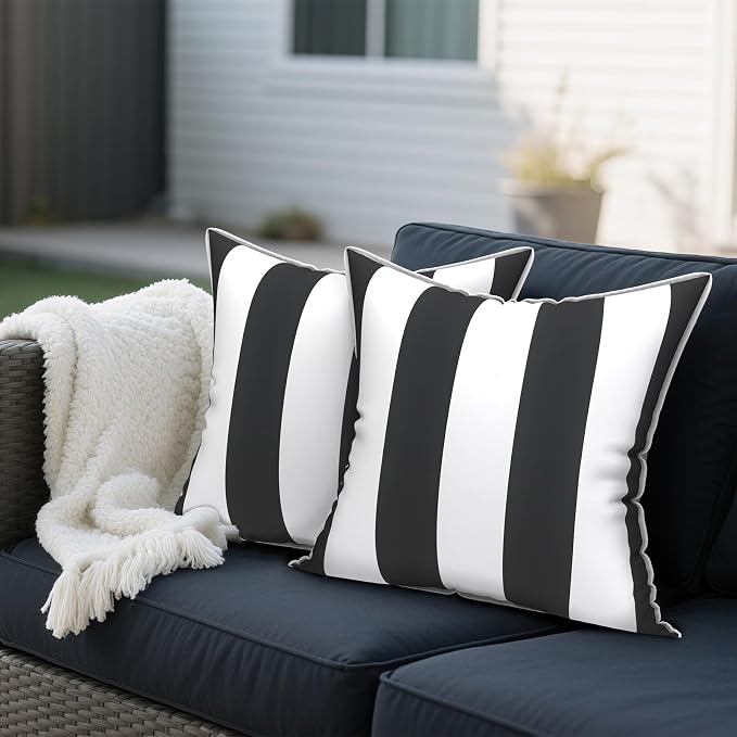 Outdoor Throw Pillows Inners, Fade Resistant Patio Furniture Square Pillows with Piping Set of 2 for Patio Furniture, 18x18 Inch, Cabana Black