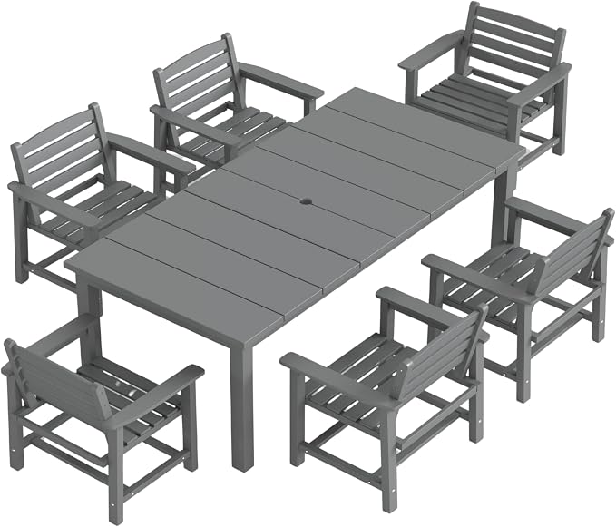 Kingdura 7 Piece Patio Dining Set for 6, 75.2'' HDPE Outdoor Dining Table Set with 2" Umbrella Hole, Weather-Resistant Outdoor Furniture, Table and Chairs Set for Backyard Pool Garden, Grey