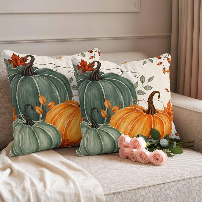 Green Orange Fall Waterproof Outdoor Pillow Covers 26''x26'' Set of 2, Maple Leaves Thanksgiving Patio Furniture Cushion Covers for Chairs,Decorative Farmhouse Beige Pillow Cases for Garden/Pool/Beach