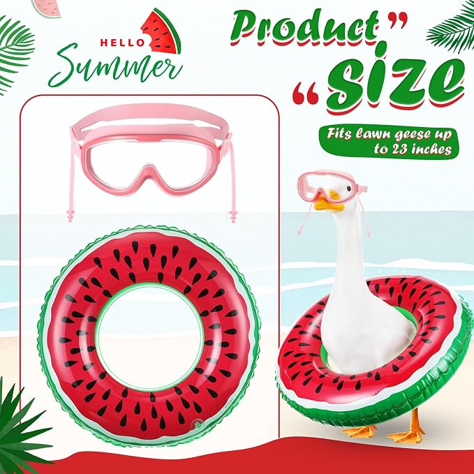 Aliceset 2 Pcs Summer Porch Goose Outfits Hawaiian Pool Goose Cloth Costume Swimsuit with Swim Ring Sunglasses, Fits 23'' Lawn Statue for Patio Yard Garden Outdoor Decor(Watermelon Style)