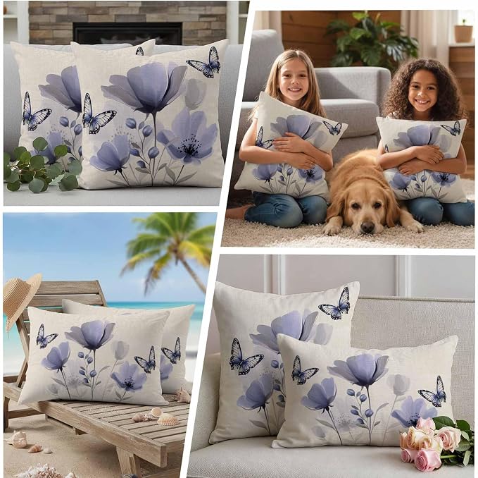 Purple Flowers Waterproof Outdoor Pillow Covers Set of 2 Home Decor, Spring Farmhouse Retro Tulip Butterfly Pillowcase Patio Pillow Covers for Couch Bench Furniture Garden 20x12in
