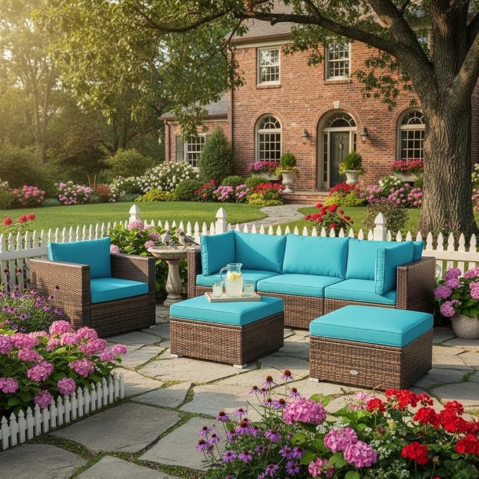 Tangkula 6 Pieces Wicker Patio Furniture Set, PE Rattan Outdoor Sectional Conversation Set with Glass Coffee Table & Ottoman, Wicker Sofa Set with Cushions for Yard Garden, Deck, Porch (Turquoise)