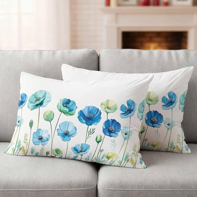Spring Floral Outdoor Waterproof Throw Pillow Covers Set of 2, 20"x12", Watercolor Blue Poppy Flower Decorative Pillow Covers Outside Cushion Case for Patio Porch Garden