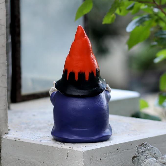 Halloween Middle Finger Gnome Statue with Skeleton Hands - Spooky Ghost Face Hat Resin Figurine 7.8in, Weather Resistant Indoor Outdoor Decor for Patio Yard Halloween Party, Novelty Edgy Gift