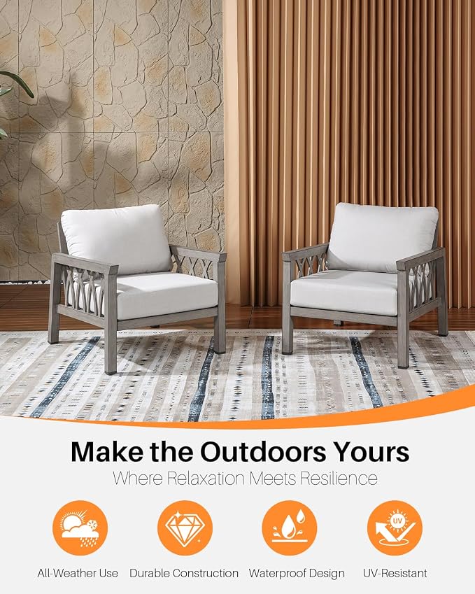 Outdoor Aluminum Armchairs Set of 2, Patio Sofa Chairs with Cushions, Deep Seating Outdoor Patio Club Chairs, Weather-Resistant Patio Furniture Set for Garden, Balcony, Limed Oak