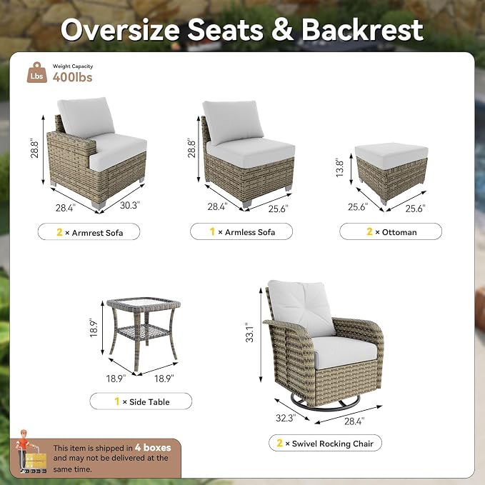 LET'S PATIO Luxury Patio Furniture Set，8 Piece Outdoor Furniture Sectional Set with Swivel Rocker Chairs of 2，All-Weather Patio Sectional Sofas with Thickened Cushions, Grey