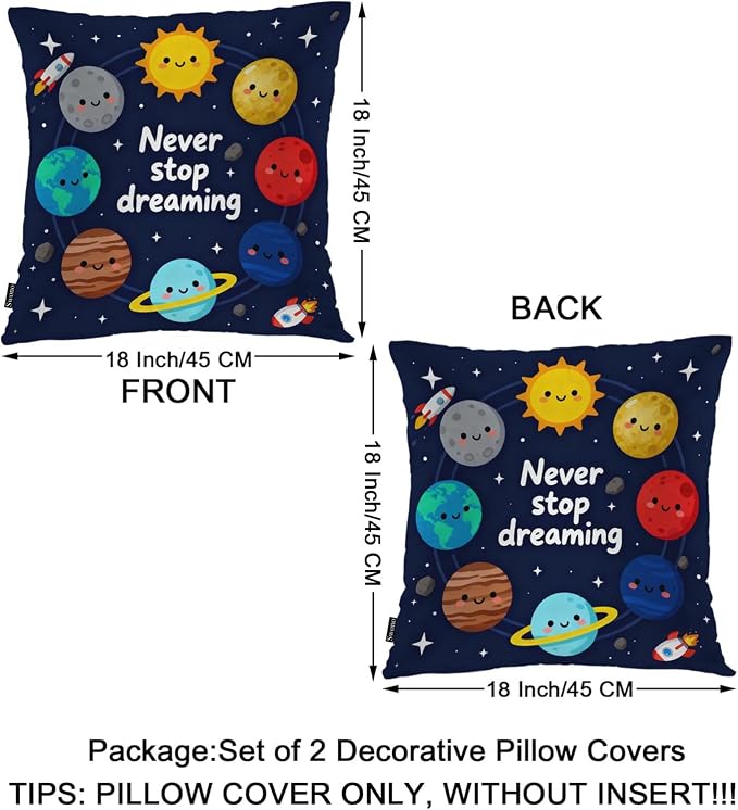 Swono Solar System Set of 2 Throw Pillow Covers Never Stop Dreaming 18x18 Inch Pillow Cases Cute Galaxy Space Planets Stars Square Pillowcases Cushion Cover for Men Women Decorative Home Bed Sofa