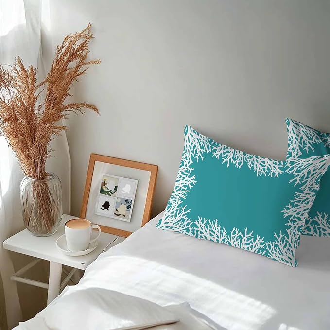 Vandarllin Outdoor Throw Pillows Covers 20x12 inch Set of 2 Waterproof Turquoise Coral Decorative Zippered Cushion Covers for Patio Furniture, Coastal Marine Life Lumbar Pillowcases