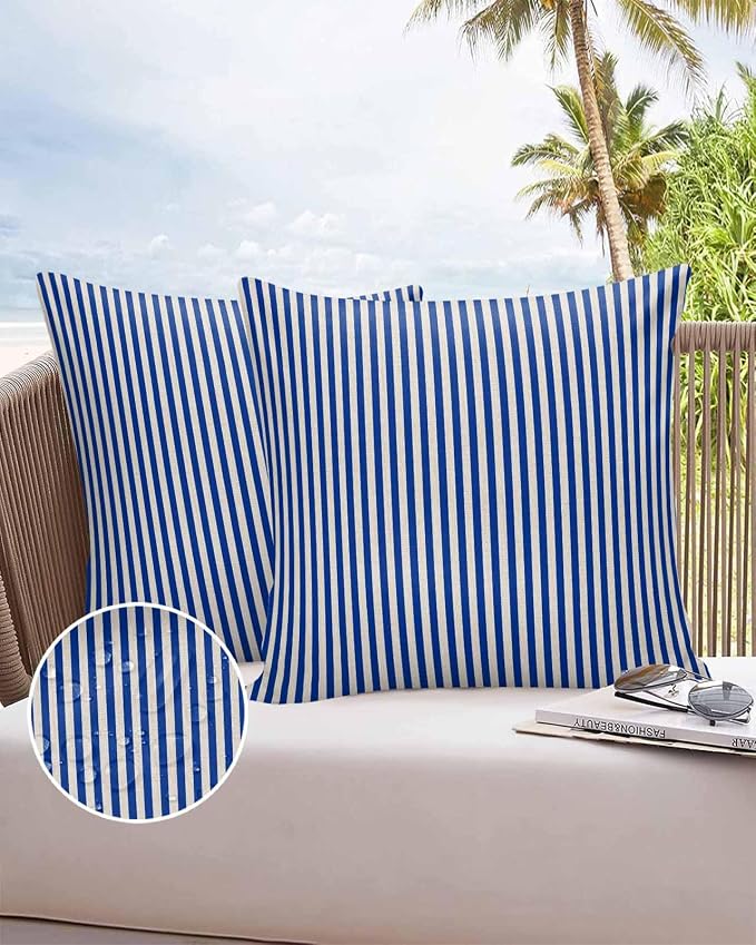 Outdoor Waterproof Throw Pillow Covers Set of 2 Navy Blue Stripes Pillowcases 16x16 Inches Linen Classic Vertical Striped Patio Decorative Pillows Cushion Case Patio Pillows for Couch Bed Chair Garden