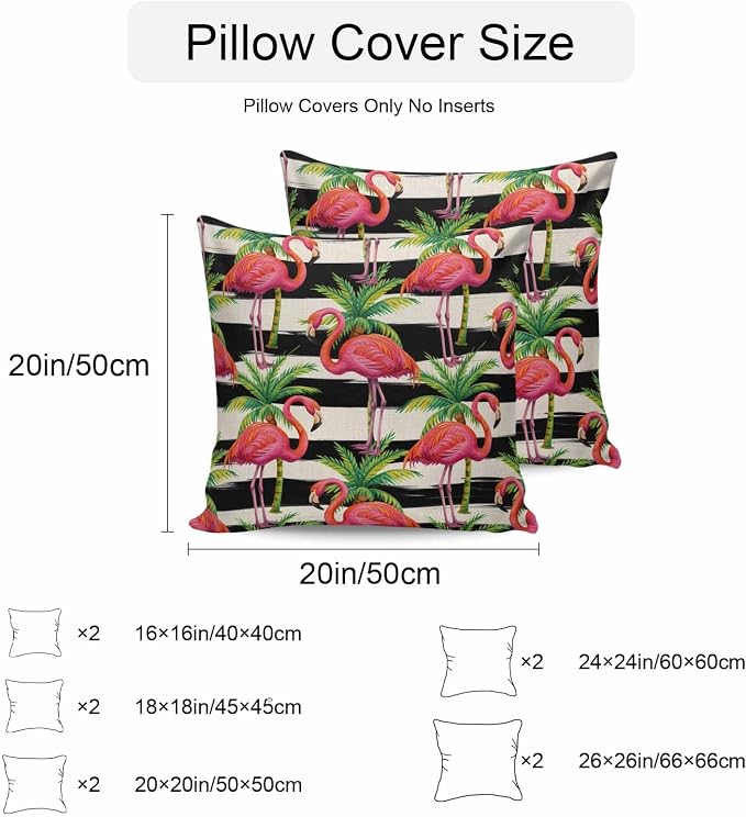 Pink Flamingo Outdoor Pillow Covers 26x26 Inch Throw Pillow Covers Set of 2 Waterproof Decorative Pillow Cases Palm Leaf Black Striped Tropical Plant Cushion Covers for Patio Furniture Garden Couch