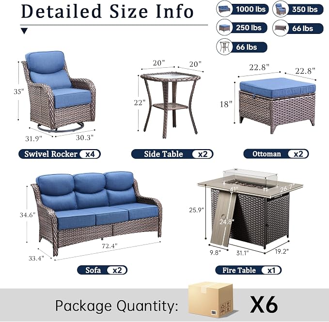 Luxury 6" Thick Cushion 11 Pieces Wicker Patio Furniture Set with 41”Fire Table, Outdoor Conversation Set with Swivel Rocker Chairs Set of 4 and Patio Couch for Deck Porch Yard and Poolside